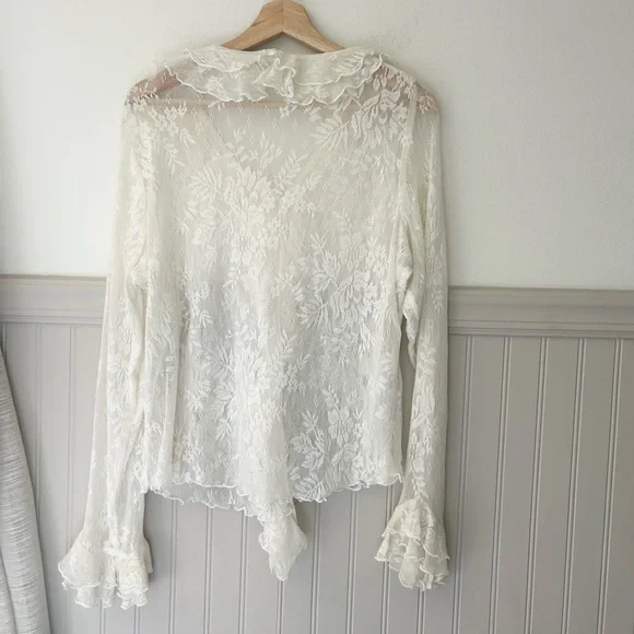 Newport News 1X Sheer Ivory Floral Lace Ruffle Blouse - Picture 3 of 6